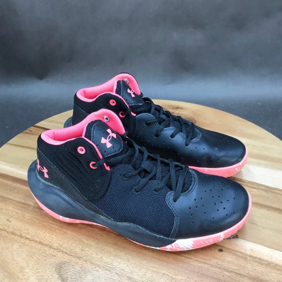 Under Armour Other - Under Armour Jet Basketball Shoes Youth Size 3Y Black Pink Leather Lace Up Mid